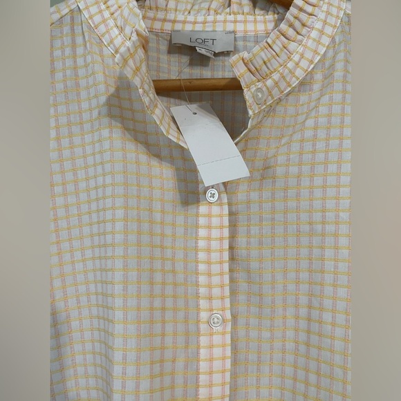 LOFT Tan and Orange Casual Button Up Shirt 100 % Textured. Cotton Plaid XL NWT - Picture 7 of 11